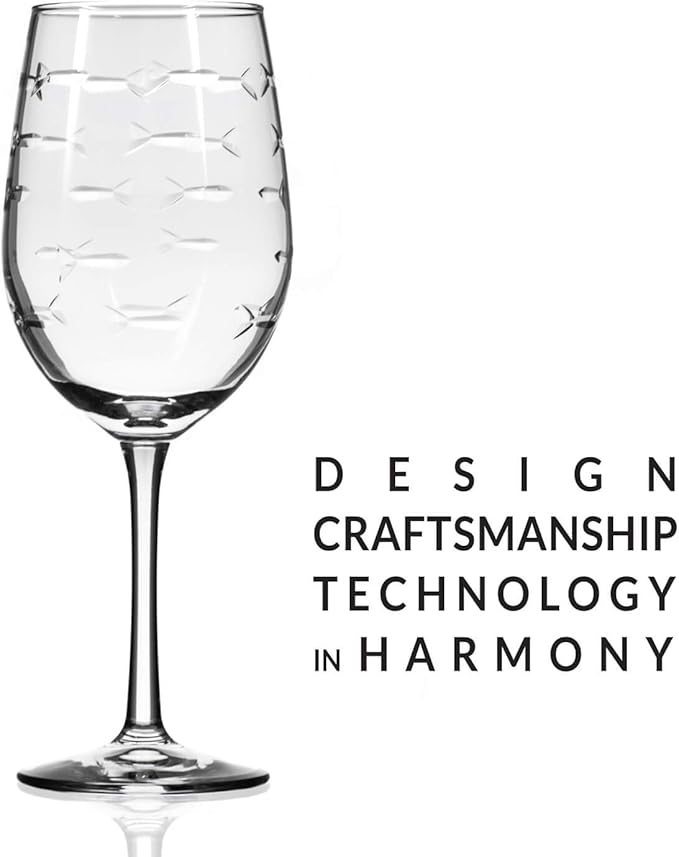 Rolf Glass School of Fish White Wine Glass | 12 ounce Stemmed Set of 4 | Lead-Free Glass | Diamond Wheel Engraved in America