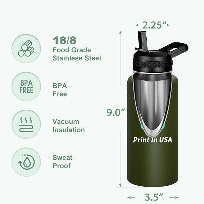 Personalized Custom Print in USA Water Bottle 10Pcs 32oz Stainless Steel Double Wall Coffee Cup with Lid & Straw Insulated Tumbler with Colorful Text Logo Photo