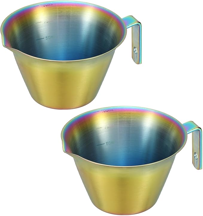 uxcell 2 Pcs Stainless Steel Espresso Cup with Handle, V-Shaped Mouth Espresso Measuring Cup with Scale for Preparing Coffee, Cocktails, 3.4OZ/100ML (Iridescent)