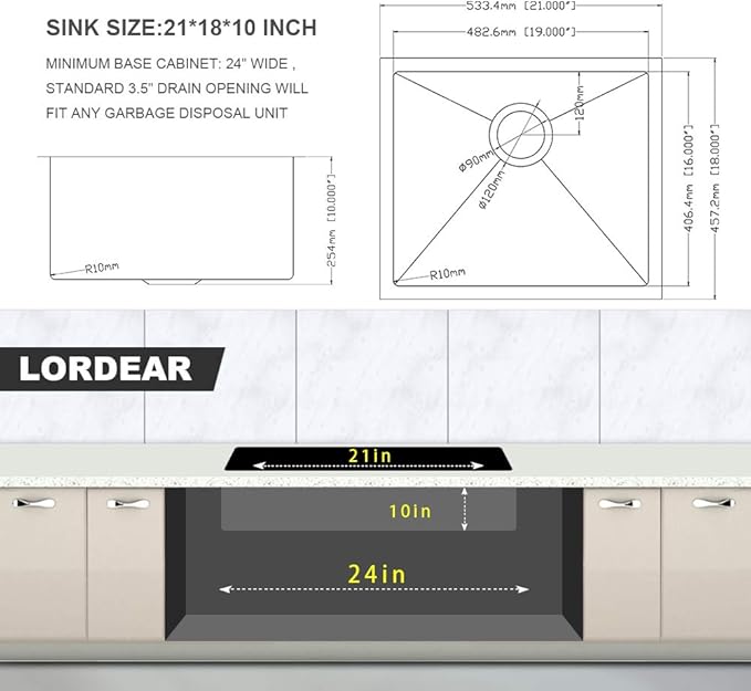 Lordear Bar Sink Undermount 21 inch Bar Prep Kitchen Sink 16 Gauge Stainless Steel Single Bowl Kitchen Sink Basin 21" x 18" Handmade
