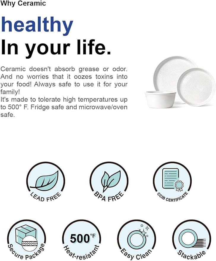 LE TAUCI 12‑Piece Ceramic Plates and Bowls Set, Service for 4 – White Farmhouse Dinnerware Sets with Deeper Plates (10" Dinner, 8" Salad, 6" Bowls), Dishwasher & Microwave Safe Stoneware Dishes