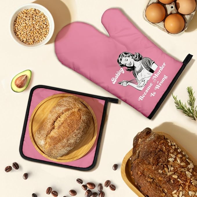 Baking Because Murder is Wrong Funny Oven Mitts and Pot Holders Sets, Funny Retro Kitchen Decor Oven Mitts for Women, Housewives Gifts Hostess Gifts for Her, Housewarming Present for Bakers