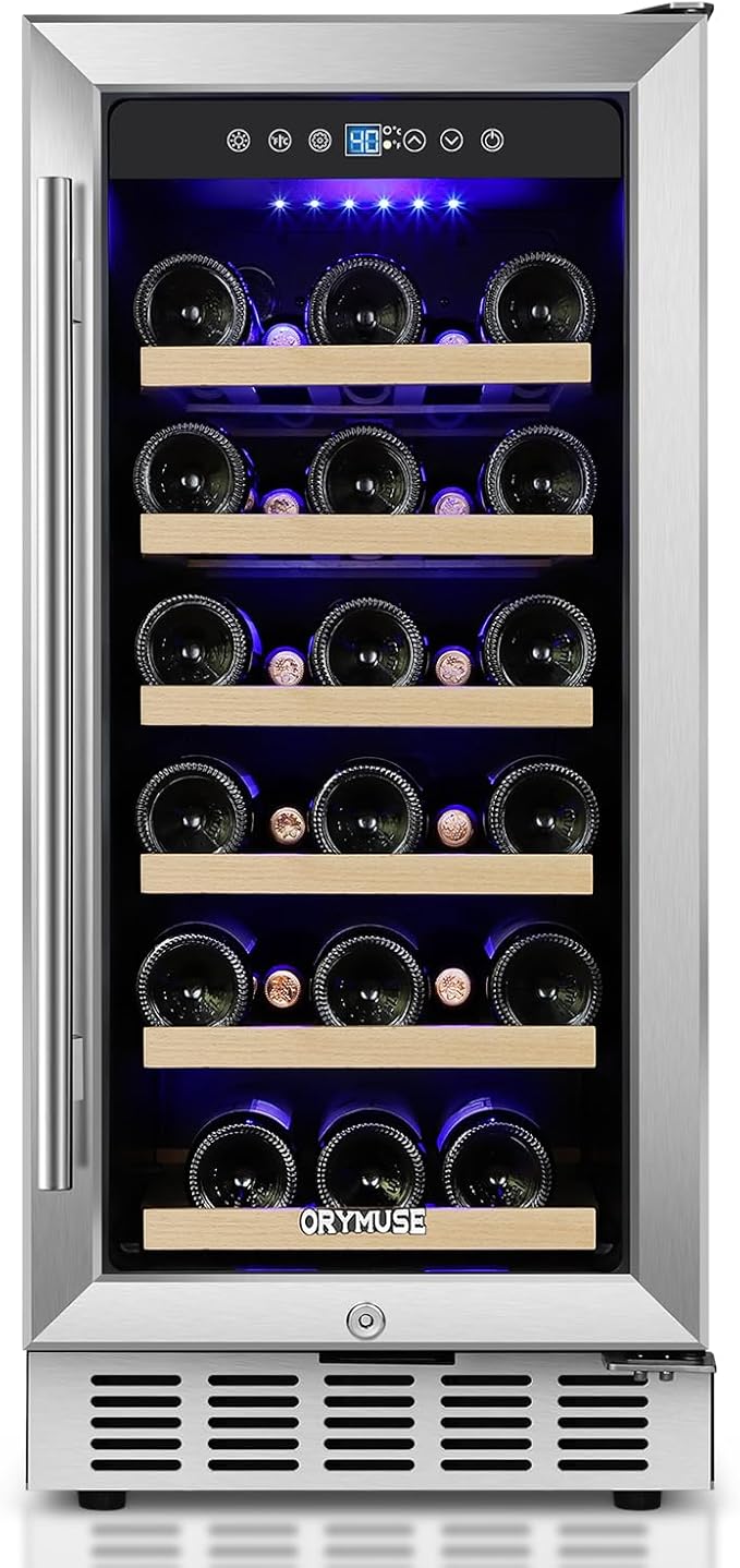 15 Inch Wine Cooler Under Counter, 30 Bottle Wine Fridge with Stainless Steel Glass Door, Built-In or Freestanding Wine Cellar with Removable Shelves and Digital Temperature Control