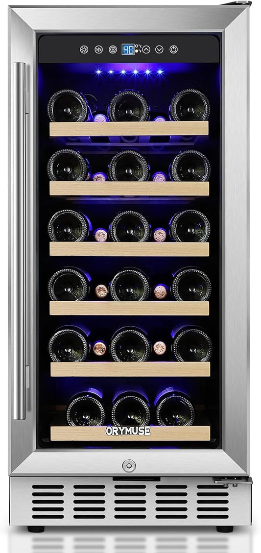 15 Inch Wine Cooler Under Counter, 30 Bottle Wine Fridge with Stainless Steel Glass Door, Built-In or Freestanding Wine Cellar with Removable Shelves and Digital Temperature Control