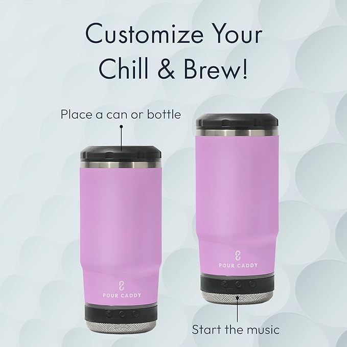 Chill & Brew, Insulated Can & Bottle Holder, Bluetooth Cup with Speaker, Fits 12 oz Cans, Skinny Cans, Most Bottles & Cold Drinks, Pink