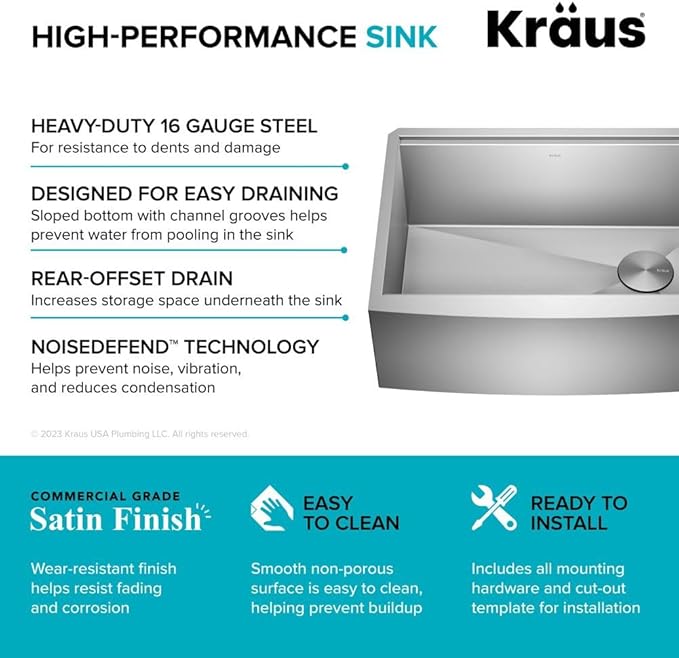 KRAUS Kore 27-Inch Farmhouse Workstation 16 Gauge Stainless Steel Kitchen Sink with Accessories, KWF210-27