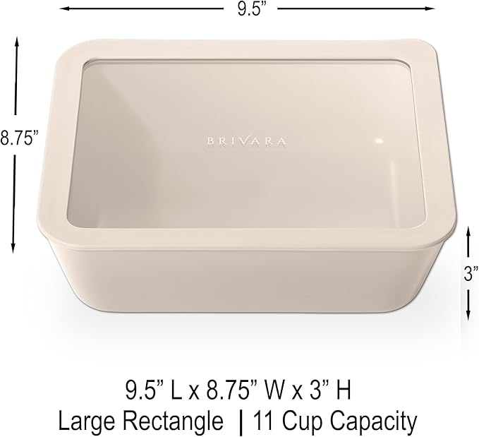 Ceramic Coated Glass Food Storage Container | No PTFE, PFOA, PFAS, and BPA | Reusable Non Toxic Meal Prep Container with Glass Lid | Easy To Store | 11 Cup Rectangle [Crema]
