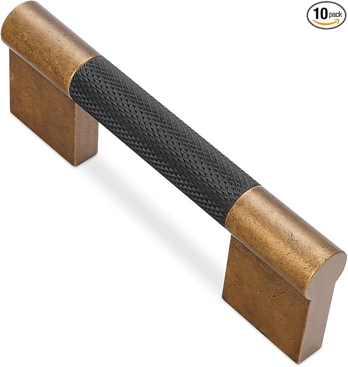 10 Pack 3 inch(76mm) Black and Antique Brass Kitchen Cabinet Handles Knurled Cabinet Pulls Black Drawer Pulls