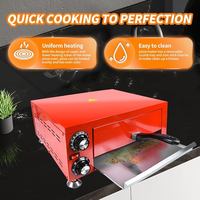 YOOKTEN Indoor Pizza Oven Countertop Electric 12" Commercial Stainless Steel Pizza Maker With 60 Minutes Timer, Red