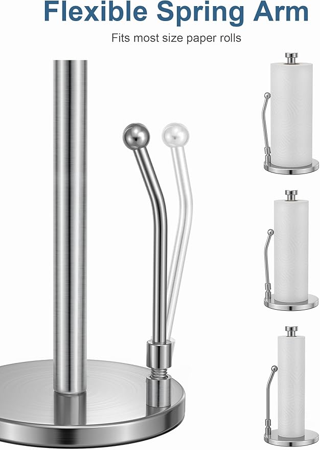 SMARTAKE Paper Towel Holder, Paper Towel Dispenser Standing Weighted Base Non Slip, Spring Arm for Easy Tear, Stainless Steel Paper Towel Holder for Home Kitchen Countertop Tabletop, Silver