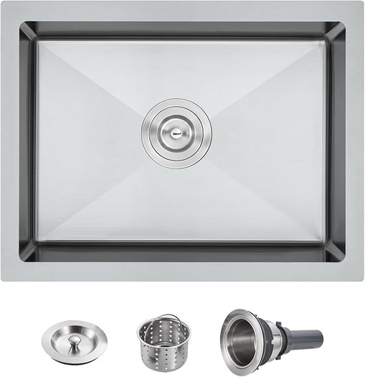 POPFLY 23 Inch Undermount Kitchen Sink, Single Bowl 18 Gauge 304 Stainless Steel Outdoor Sink, 23×18 In Bar Prep Small Undermount Kitchen Sink, Brushed Nickel
