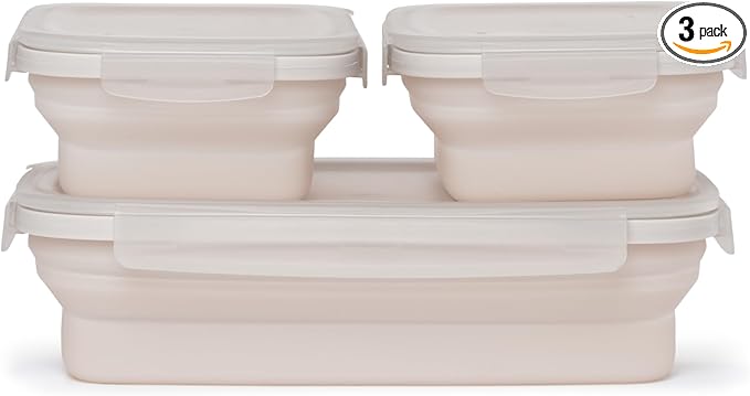 Drip EZ Secondz Collapsible Food Storage Containers (set of 3) - Meal Prep, Leftovers, Lunch, Camping, Hiking - Dishwasher & Microwave Safe - BPA-free Silicone - Locking Lids - Sandstone