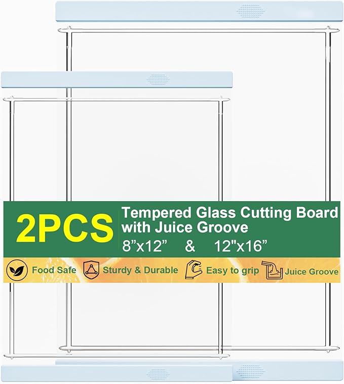 Tempered Glass Cutting Board Set for Kitchen Counter - Dishwasher Safe with Juice Grooves, Non-Slip Silicone Edges & Beveled Grip - 16"x12" & 12"x8" Serving Tray (Blue)