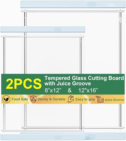 Tempered Glass Cutting Board Set for Kitchen Counter - Dishwasher Safe with Juice Grooves, Non-Slip Silicone Edges & Beveled Grip - 16"x12" & 12"x8" Serving Tray (Blue)