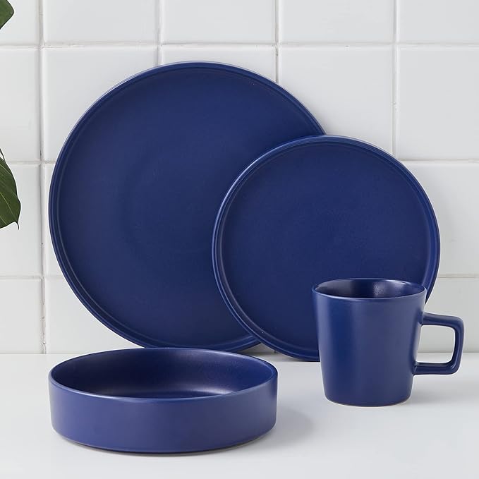Stone Lain Cleo Modern Stoneware 16-Piece Dinnerware Set, Plates and Bowls Set, Dish Set Service For 4, Blue