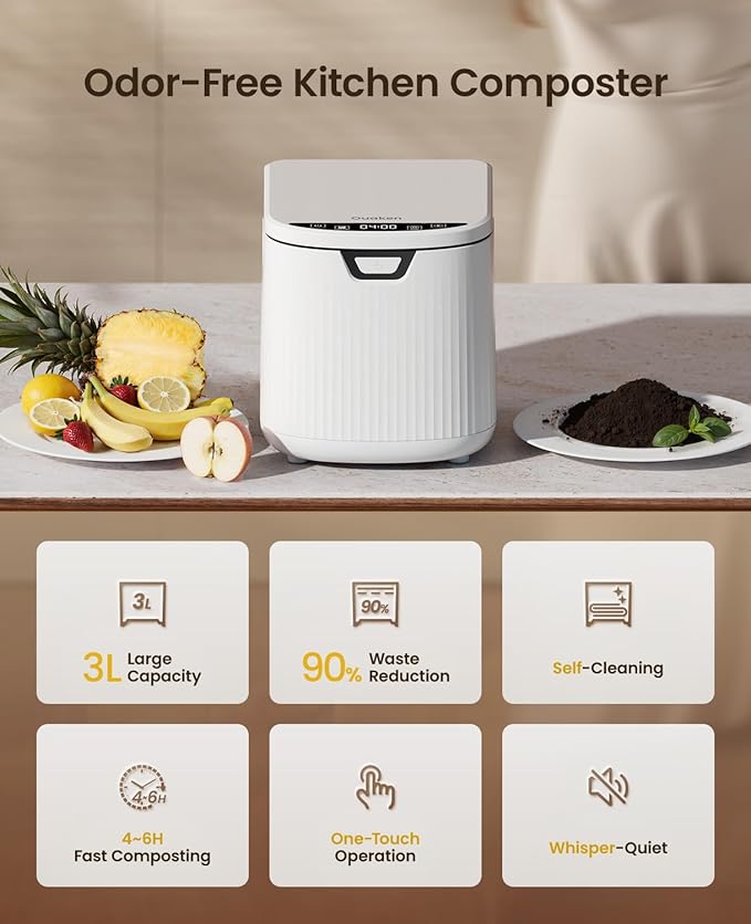 Electric Composter for Kitchen,Ouaken 3L Indoor Kitchen Waste Compost Machine Countertop Smart Composting Bin,Compact Food Recycler for Home with Low Noise,Odorless,Auto-Clean,LED Display