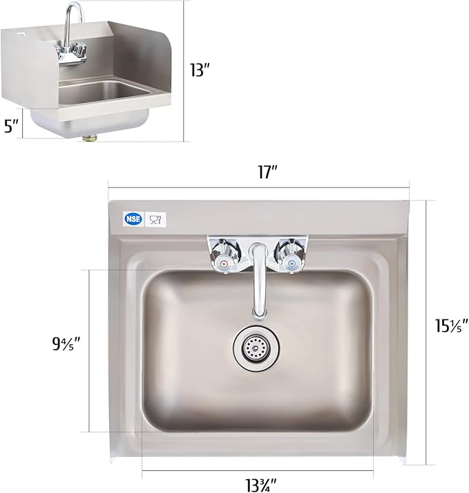 WILPREP Commercial Stainless Steel Sink for Hand Washing, NSF Commercial Utility Sink with Faucet and Side Splash, Wall Mount Kitchen for Restaurant Bar RV Bathroom Laundry Room (17 x 15 Inches)