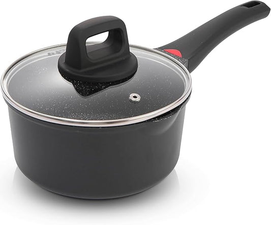 7 Inch Non Stick Sauce Pan with Glass Lid & Pour Spout - Lightweight 1.8 Quart Ceramic Coated Saucepan - Multipurpose Induction Compatible PFOA Free Small Cooking Pot with Stay Cool Handle (Black)