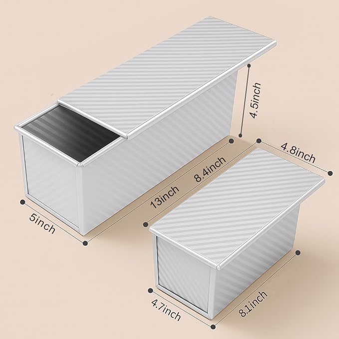 2-Pack Pullman Loaf Pan with Lid –Includes Two Size 13 * 5" & 8.4 * 4.8" Loaf Pan, Silver Textured Finish, Vented Bottom, Nonstick Bread Pan Set, Ideal for Sandwich Bread, Toast, Sourdough