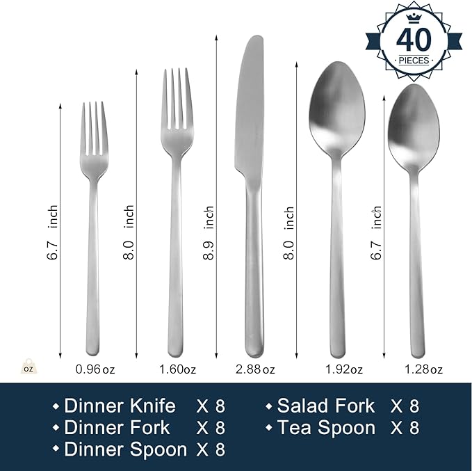 KINGSTONE 40 Piece Silverware Set, Flatware Set for 8, 18/10 Stainless Steel Cutlery Set Mirror Polished Modern Design Dishwasher Safe, Matte Silver