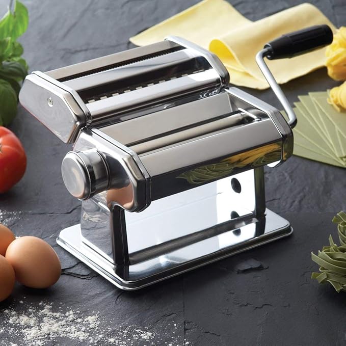 GOURMEX Pasta Maker Machine Stainless Steel Manual | With Adjustable Thickness Settings | Perfect for Homemade Spaghetti Fettuccini Noodles and Lasagna | Includes Removable Handle and Clamp (Silver)
