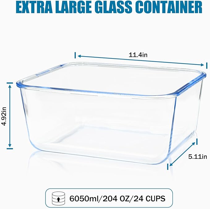 Large Glass Storage Containers with Lids 201oz Extra Large Big Airtight Glass Food Storage Containers for Rotisserie Chicken Watermelon Leftovers Marinade Turkey, BPA Free, Dishwasher Safe