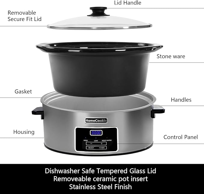 8-Quart Digital Programmable Slow Cooker with Timer - Small Kitchen Appliance for Family Dinners - Serves 10+ People - Heat Settings: Keep Warm, Low and High