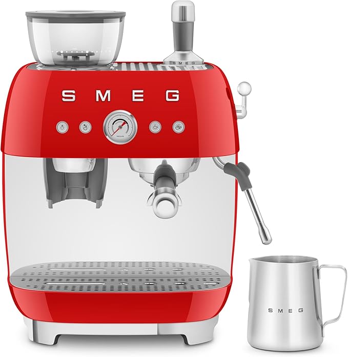 Smeg EGF03 Semi-Automatic Espresso Machine with Built-In Grinder, Dual Thermoblock, 50’s Retro Style – Red (120 V)