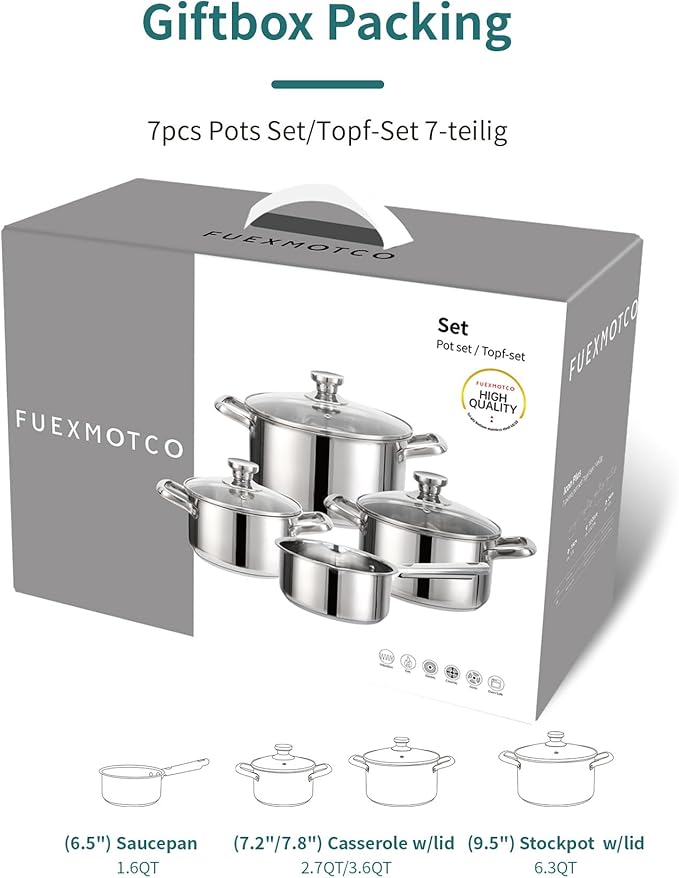 7-Piece Induction Ready Stainless Steel Cookware Set with Glass Lids,1.6QT Saucepan + 2.7QT/3.6QT/6.3QT Stockpots,Dishwasher Safe EvenHeat Tech Pro Kitchen Essentials