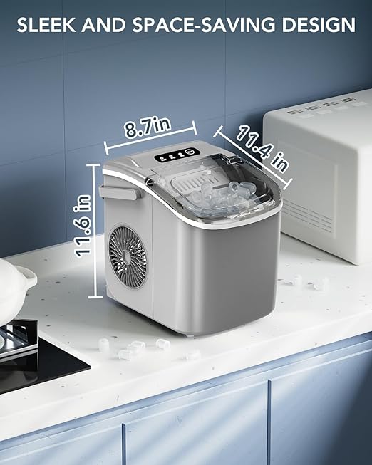 Ice Maker Countertop, Efficient Easy Carry Ice Machine, Self-Cleaning Ice Maker with Ice Scoop & Basket, 9pcs/ 8mins 26.6Lbs Per Day for Home/Office/Kitchen,Grey