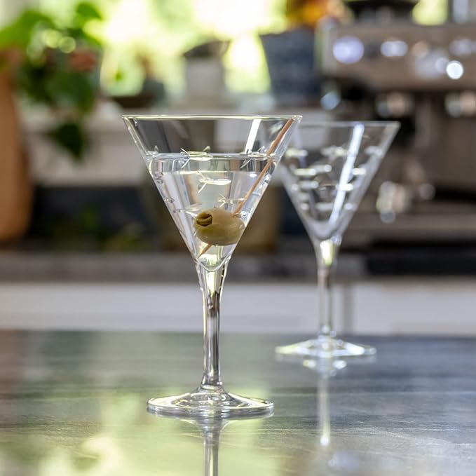 Rolf Glass School of Fish Martini Glass | Stemmed 7.5 oz. Martini Glasses | Lead-Free Glass | Diamond-Wheel Engraved Cocktail Glasses | Made in the USA (Set of 4)