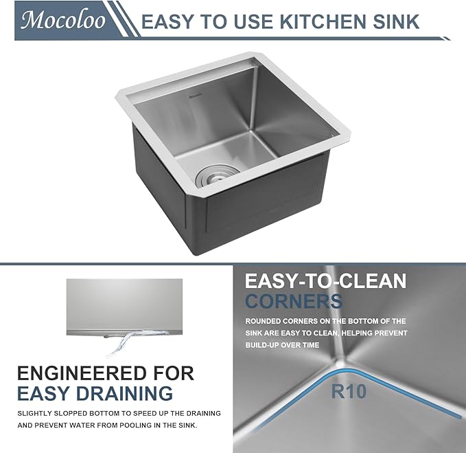 Mocoloo Square Undermount Bar Sink 15x15 Inch Single Bowl Undermount Kitchen Sink 16 Gauge Stainless Steel Bar Prep Workstation 9" Handmade Sinks