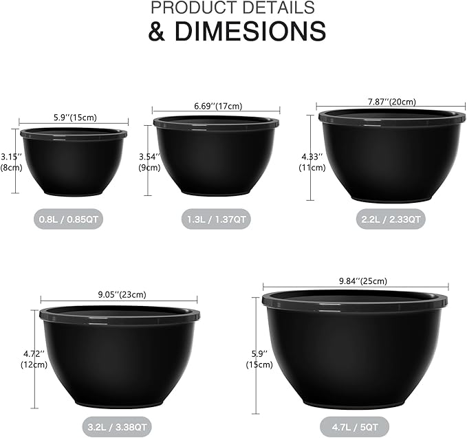 5-Piece Plastic Mixing Bowls with Lids Set for Kitchen, Nesting Bowls for Mixing, Baking, Prepping, Cooking and Serving Food, Black Mixing Bowls Dishwasher, Microwave Safe
