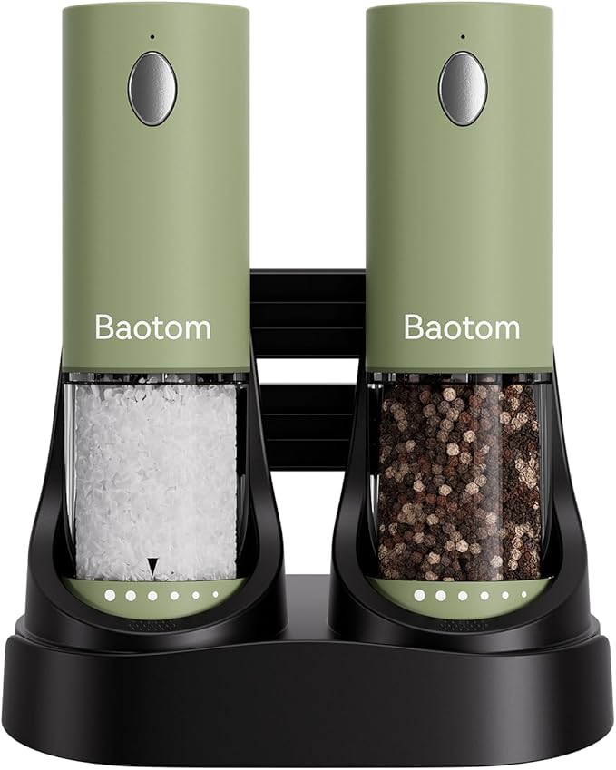 Electric Salt and Pepper Grinder Set with Dual Charging Base, 6 Adjustable Coarseness Levels & External Grind Settings, One-handed Operation Salt and Pepper Mills with LED Light,Green