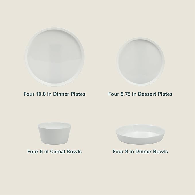 Gibson Home Modern Opal (Service for 4) 16 Piece Glass Chip Resistant Dishes Double Plates and Bowls Lightweight Dinnerware Set