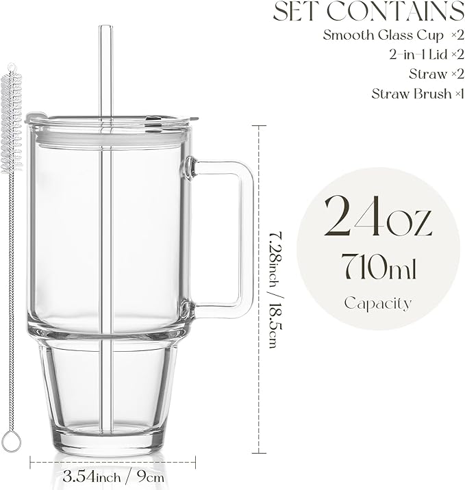 KEMORELA Glass Cups with Lids and Straws 2PCS, 24oz Clear Tumblers with Handle, Reusable Drinking Glasses for Iced Coffee, Tea, Water, Leak Proof Lid, Dishwasher Safe