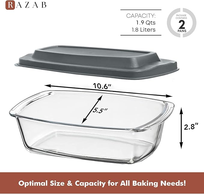 Razab LARGE 7.6 Cups/1800 ML/1.9 Qt Glass Loaf Pan with Lids (Set of 2) - Meatloaf Pan BPA free Airtight Lids Grip Handle Easy Carry, Microwave and Oven Safe - Loaf Pans For Baking Bread, Cakes