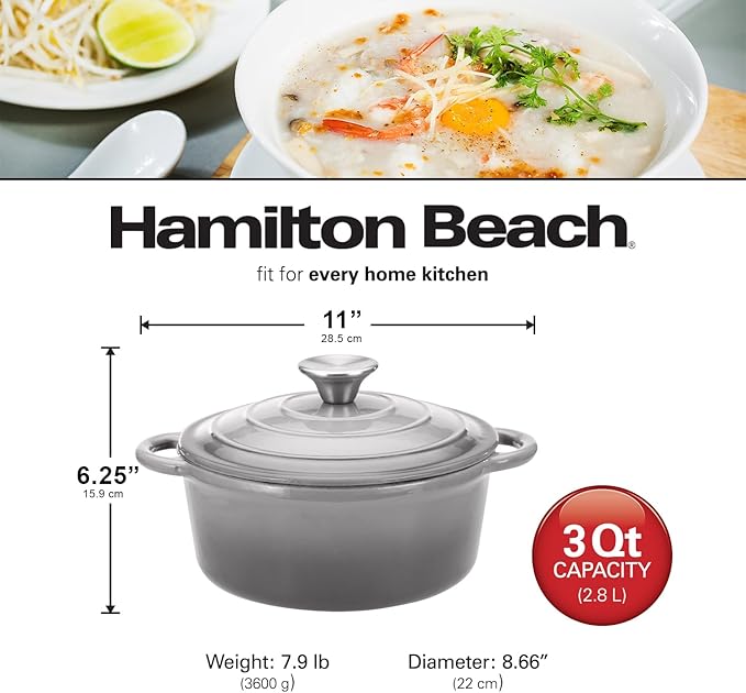 Hamilton Beach 3-Quart Enameled Cast Iron Dutch Oven with Lid | Cream Interior for Even Heat Distribution, Gray