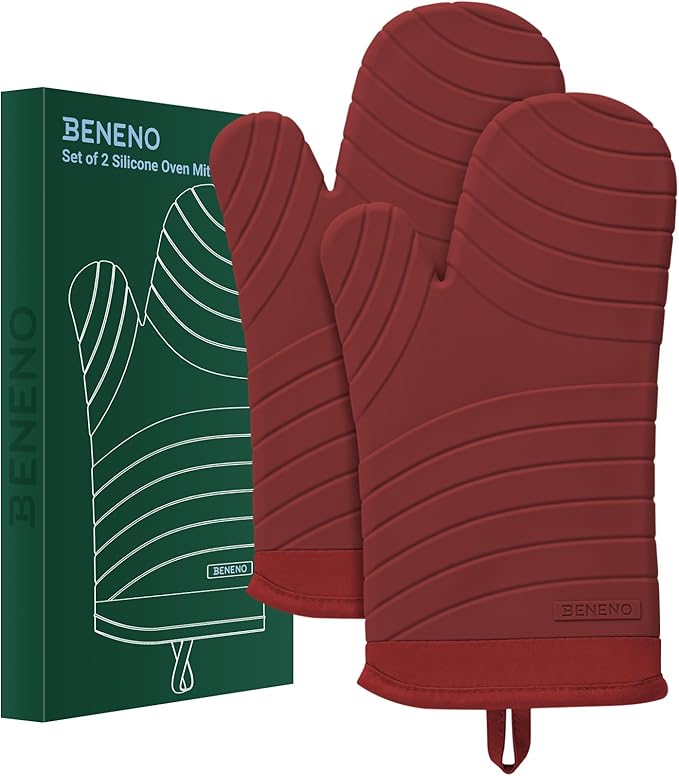 Beneno Premium Silicone Oven Mitts 2-Pack Heat Resistant 500°F, Soft Flexible Non-Slip Grips, BPA-Free & Waterproof Oven Mitts with Comfortable Cotton Lining for Baking, Grilling, Cooking, 7"x13", Red