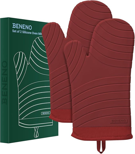 Beneno Premium Silicone Oven Mitts 2-Pack Heat Resistant 500°F, Soft Flexible Non-Slip Grips, BPA-Free & Waterproof Oven Mitts with Comfortable Cotton Lining for Baking, Grilling, Cooking, 7"x13", Red