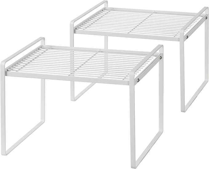 2Pack Kitchen Cabinet Shelf Counter Organizer Rack Pantry Storage Bathroom Bedroom Office Table Desk Space Saving Stackable Rust Resistant Non Slip White Tall Wide L13.1in W10.6in H9.5in