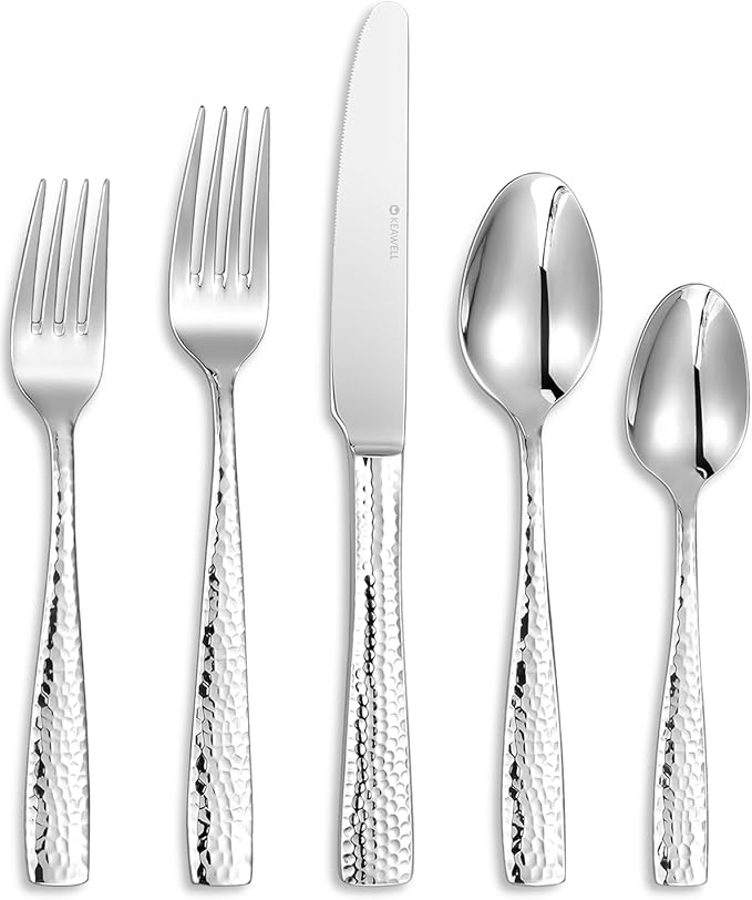 KEAWELL Premium 20/45/65 Piece Louis Hammered Silverware Set with Squared Edge, 18/10 Stainless Steel, Service for 4/8/12, Fine Flatware Set, Dishwasher Safe (45)