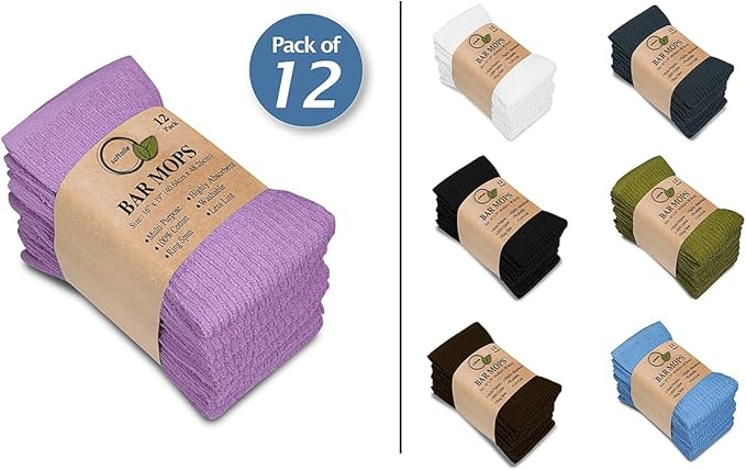 Softolle Bar Mop Towels, Pack of 12-16x19 Inches - 100% Cotton Super Absorbent Towels, Multi-Purpose for Home and Bar Cleaning (Purple)