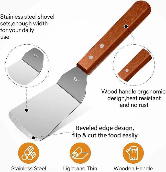 Metal Spatula Set for Kitchen Use,2Pcs Large Stainless Steel Spatulas for Cast Iron Skillet,Wood Handle Wok Flat Top Grill Griddle Spatula Turner Flipper Utensil Set for Burgers Pancake Egg Fish BBQ