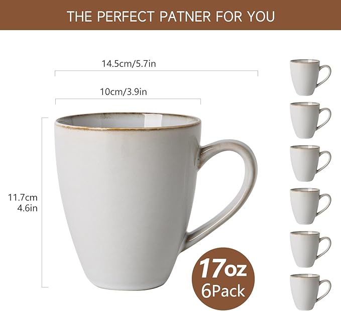 MONITO 17 OZ Coffee Mugs Set of 6, Large Ceramic Coffee Mugs，Modern Coffee Mugs Set with handle for Tea/Latte/Cappuccino/Milk/Cocoa, Funny Tea Cups for Office and Home, Engagement Gifts…