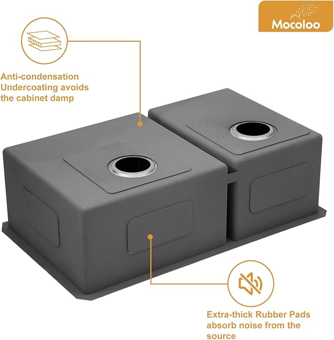 Mocoloo 33 Inch Undermount Kitchen Sink Double Bowl - 60/40 Stainless Steel Double Bowl Under Counter 16 Gauge Kitchen Sinks Handmade, 33x19x10 Inch