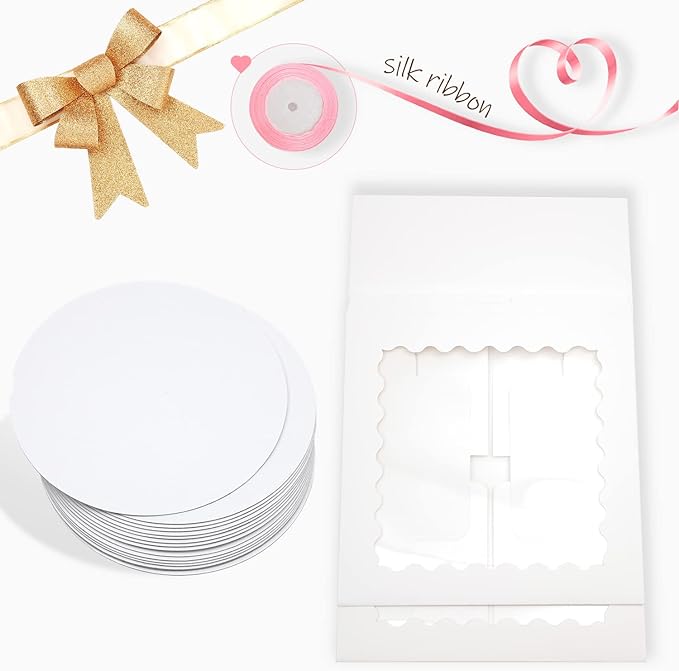 Bakepacker 36pcs 6x6x5 Inches with Window 18-Packs White 6 Inch Bakery Boxes (18 Cake Boxes +18 Cake Boards + 10 Meters Silk Ribbon Includes Included)