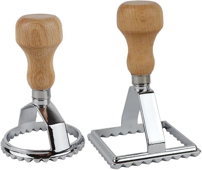 Ravioli Maker Cutter Stamps Set Round & Square Shape Ravioli Masker - Large Size Aluminum Press with Wooden Handle and Fluted Edge, Set of 2