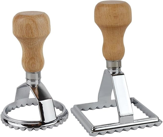 Ravioli Maker Cutter Stamps Set Round & Square Shape Ravioli Masker - Large Size Aluminum Press with Wooden Handle and Fluted Edge, Set of 2