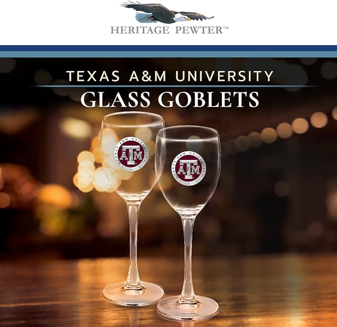 Heritage Pewter Texas A&M Glass Goblets – Set of 2 | 12 OZ Goblet Wine Glasses | Expertly Crafted Pewter Glass